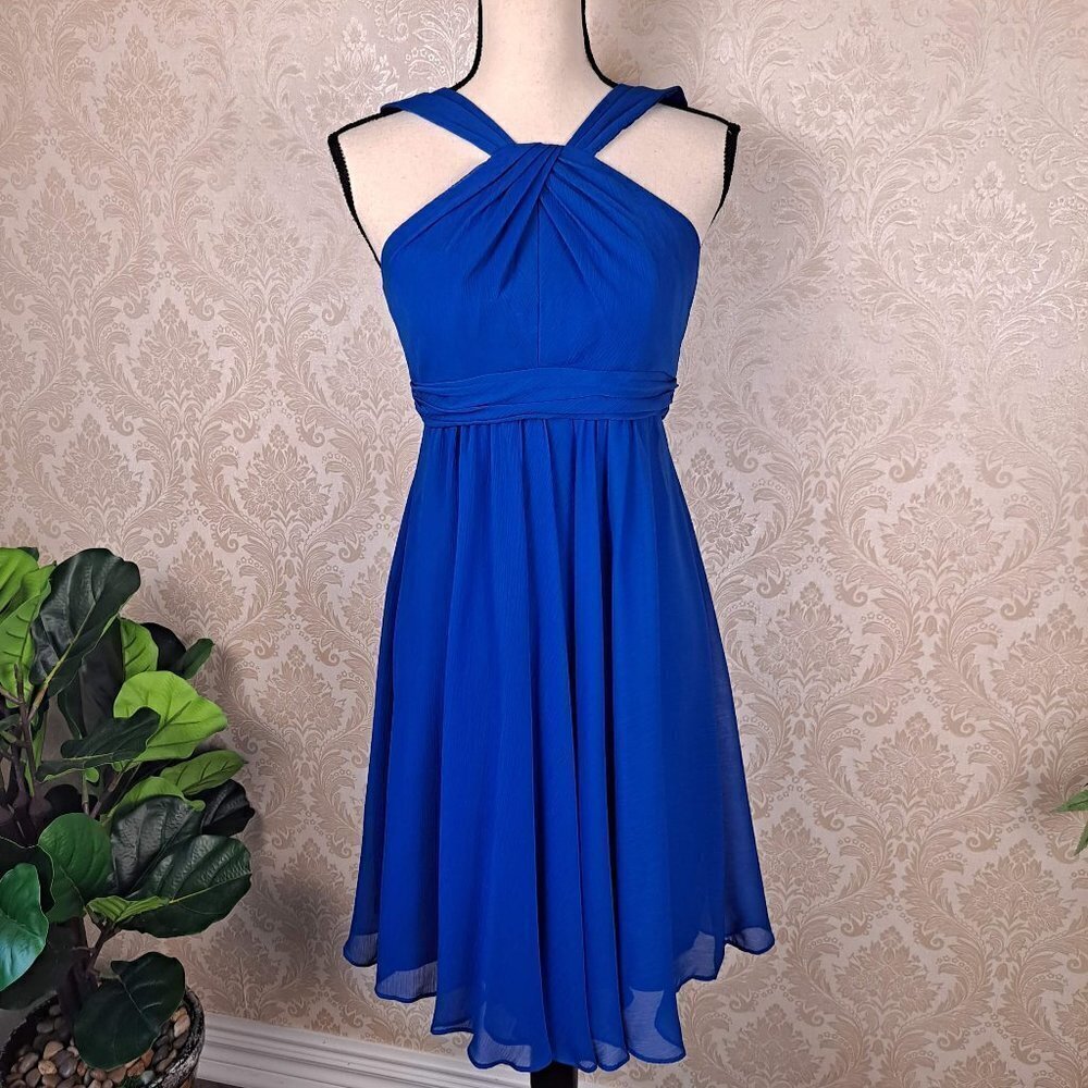 David's Bridal Size 2 Cobalt Blue Halter Dress A-Line Banded Waist Sheer Lined